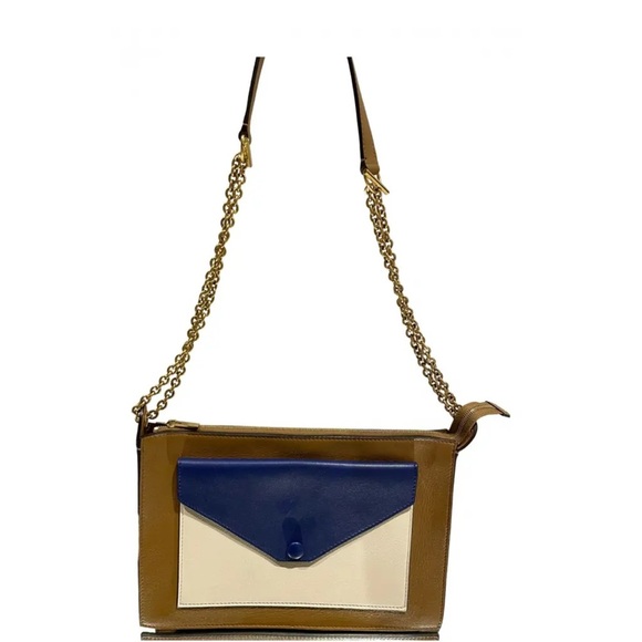 Celine Tan and Blue Shoulder Bag with Gold Chain - Picture 1 of 6